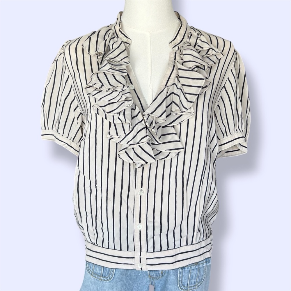 Vintage 100% Silk Ralph Lauren Rugby Striped Ruffle Blouse